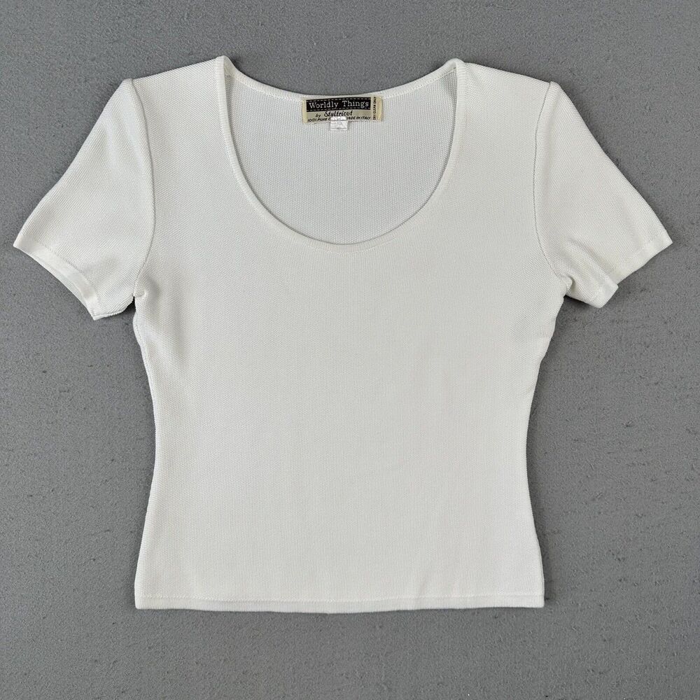 Worldly Things Styltricot Knit‎ Top Women’s 6 White Short Sleeve Scoop Neck